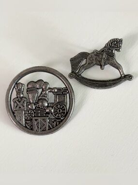 Vintage Hallmark HMK 1998 Toy Pins Set
Rocking Horse & Toy Shelf Pewter Tone